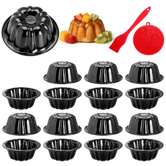 16Pcs 4 Inch Mini Fluted Cake Pan Nonstick Mini Fluted Tube Cake Pan, Carbon Steel Mini Flan Molds Pan with Oil&Dish Brushes, Reusable Oven Baking Mold for Cupcake, Bread Chocolate, Brownie