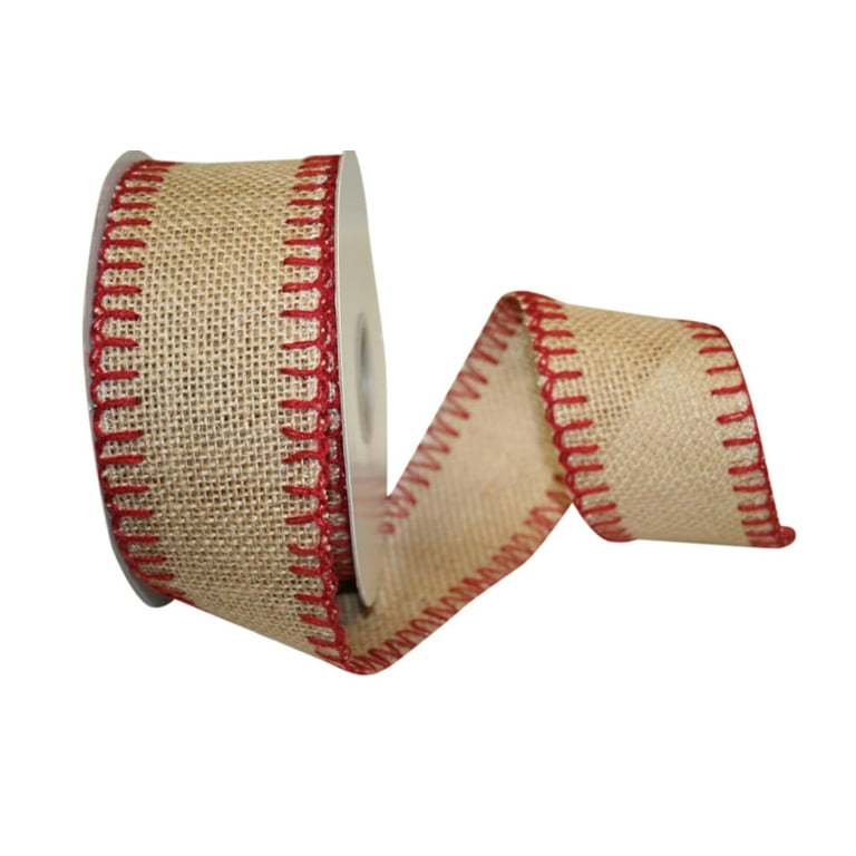 Reliant Ribbon - 92016W-756-40F, Stiched Burlap Wired Edge Ribbon,  Natural/red, 2-1/2 Inch, 10 Yards