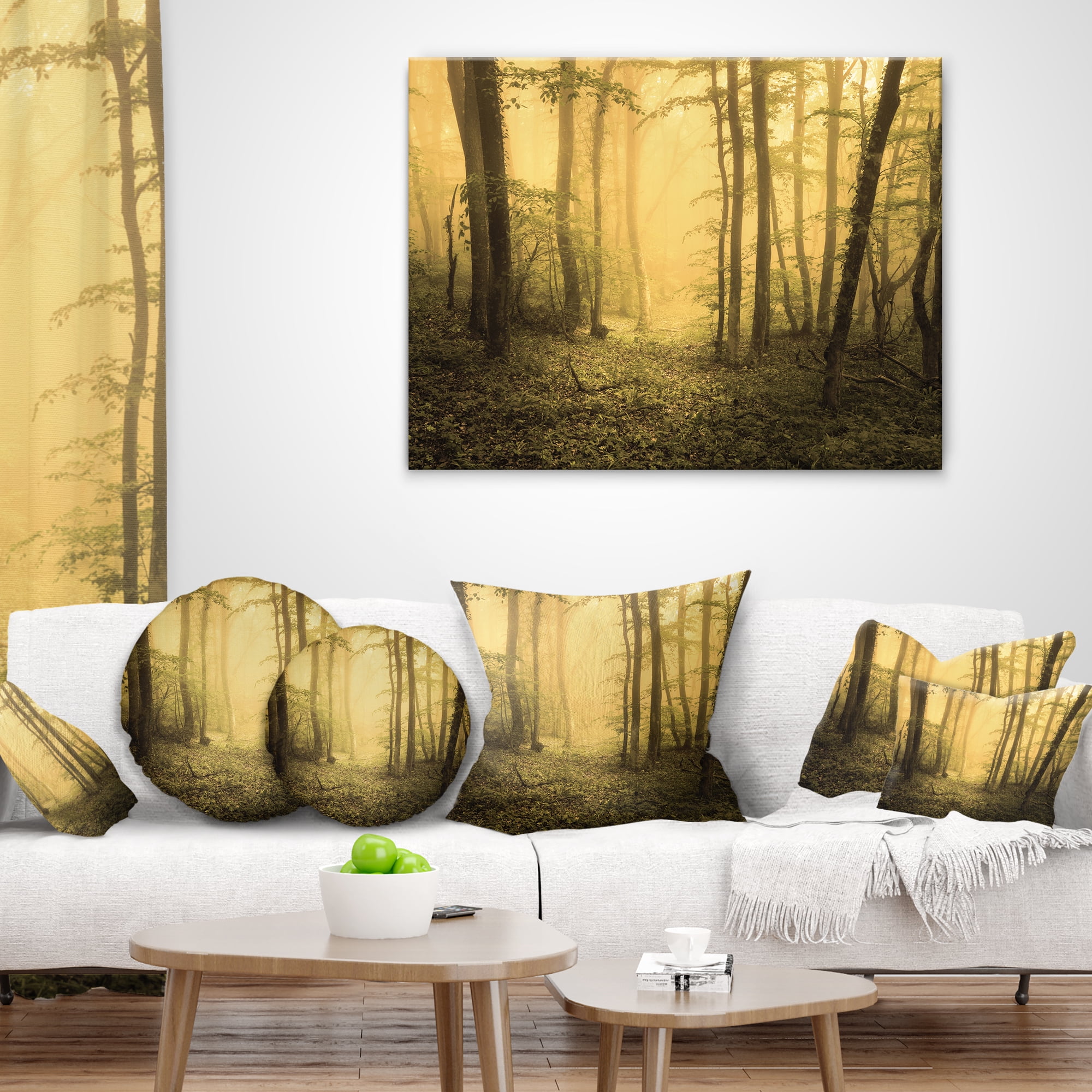 Designart Trail Through Yellow Foggy Forest - Landscape Photography Throw Pillow - 18x18