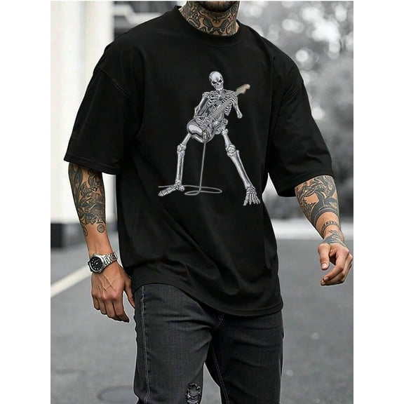 Men's Skeleton Rock Star Guitar Printed Graphic Tee Shirt  Cool Casual Summer Style Black Cotton Short Sleeve TShirt For Men