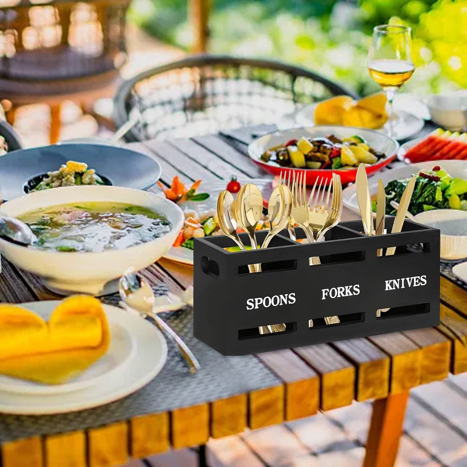BEGHT 2Pcs Silverware Caddy Flatware Cutlery Holder Metal Silverware Wood Flatware Organizer Kitchen Utensil Holder for Countertop Spoon and Fork Holder Flatware Utensils Caddy for Party,2 Colors.