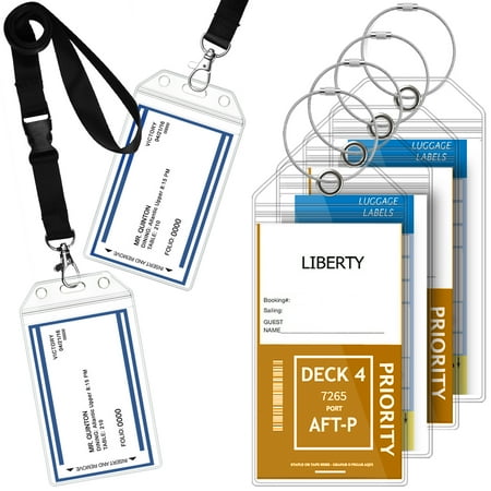 GreatShield Cruise Ship Essentials For Carnival, Princess, NCL, P&O Cruises & More, 2 Pack Vertical PVC Plastic ID Badge Pouch With Detachable Black Lanyard & 4 Pack Clear Luggage Tag Holders