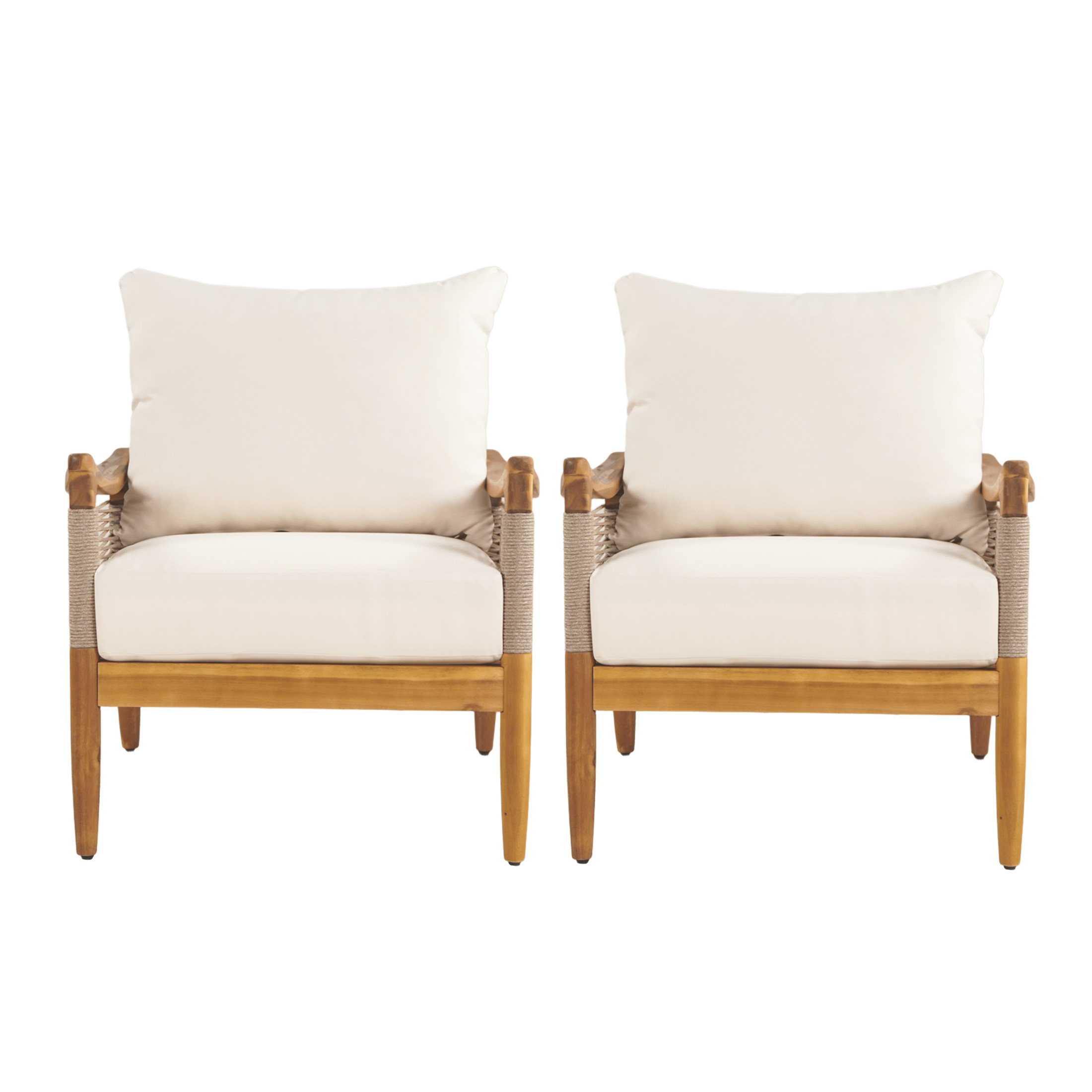 Christopher Knight Home Boho Outdoor Rope Lounge Chair with Thick Cushion, Solid Wood, Teak+Beige, Set of 2