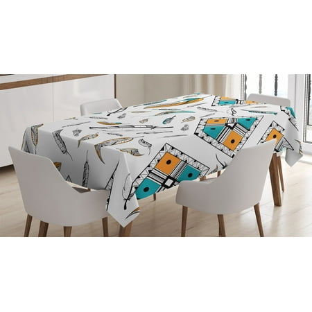 

Feather House Decor Tablecloth Tribal Bohemian Feather Patterns with Geometric Square Vintage Motifs Rectangular Table Cover for Dining Room Kitchen 60 X 90 Inches Teal Orange by Ambesonne
