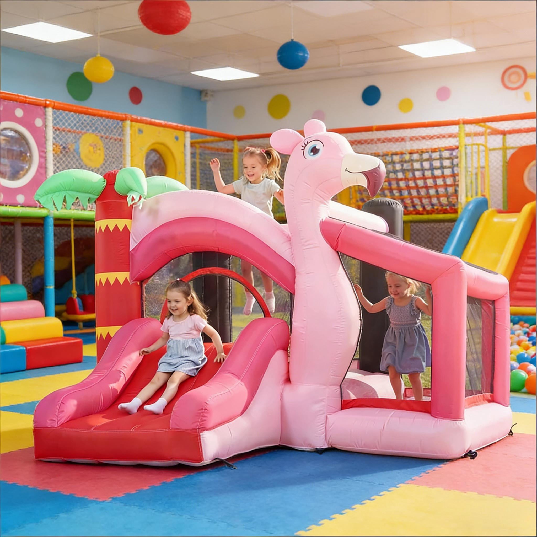 Flamingo Themed Inflatable Bounce House, 4-in-1 Bouncy Castle with Slide, Ball Pit & Basketball Hoop, Oxford Fabric, 60s Quick Inflation, for Kids Ages 3-8