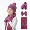thumbnail image 4 of 3 Pcs Kids Winter Hat Scarf Gloves Set Knit Pompom Beanie with Earmuffs Double Layer Scarf Touchscreen Gloves Toddler Thick Thermal Sets Hot Pink 2-10 Years, 4 of 6