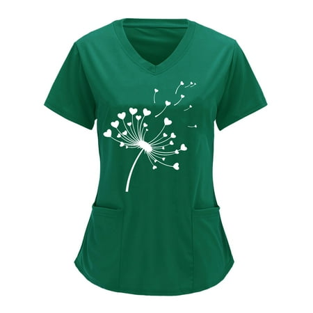 

Women Scrubs Top Working Uniform Nurses Clothing Workwear Printed Short Sleeve V-Neck Solid Color Shirts T-Shirts Tops With Pockets Streetwear