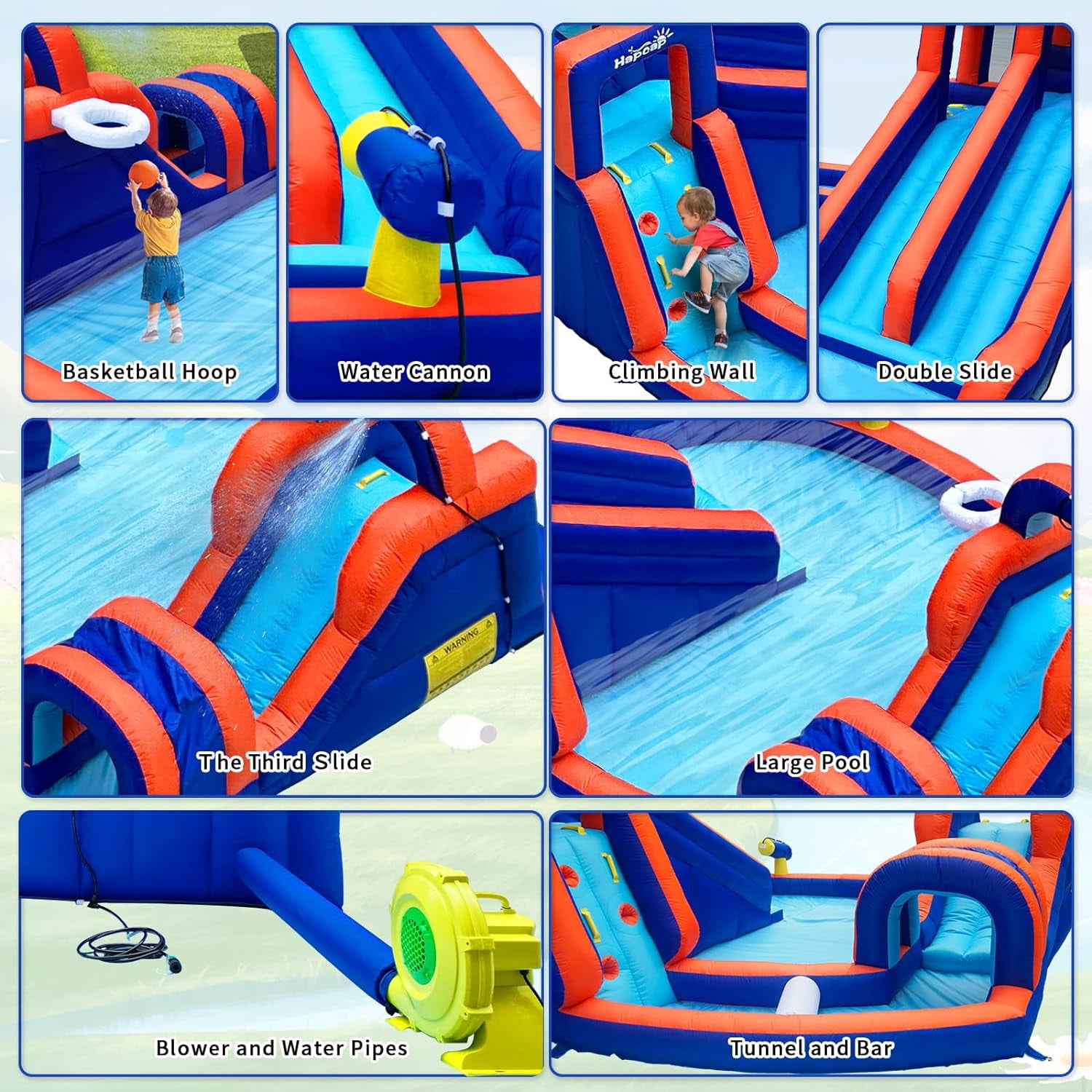 Hapcap Inflatable Water slide with Climbing, Slides, and Pool for Kids, Bounce House with Tunnel and Air Blower