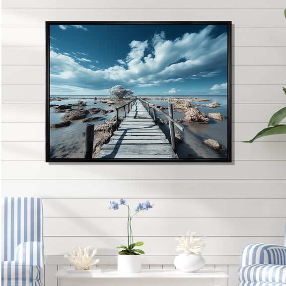 Designart "Monochromatic Pier Horizon In Blue And Grey" Coastal Pier Floater Framed Canvas Prints