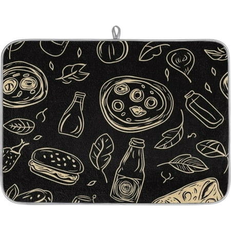 

Fast Food Black Dish Drying Mat for Kitchen Counter Pizza Hamburgers Absorbent Drainer Mats Microfiber Dish Dry Pad Washable Coffee Bar Decor 18x24 Inch
