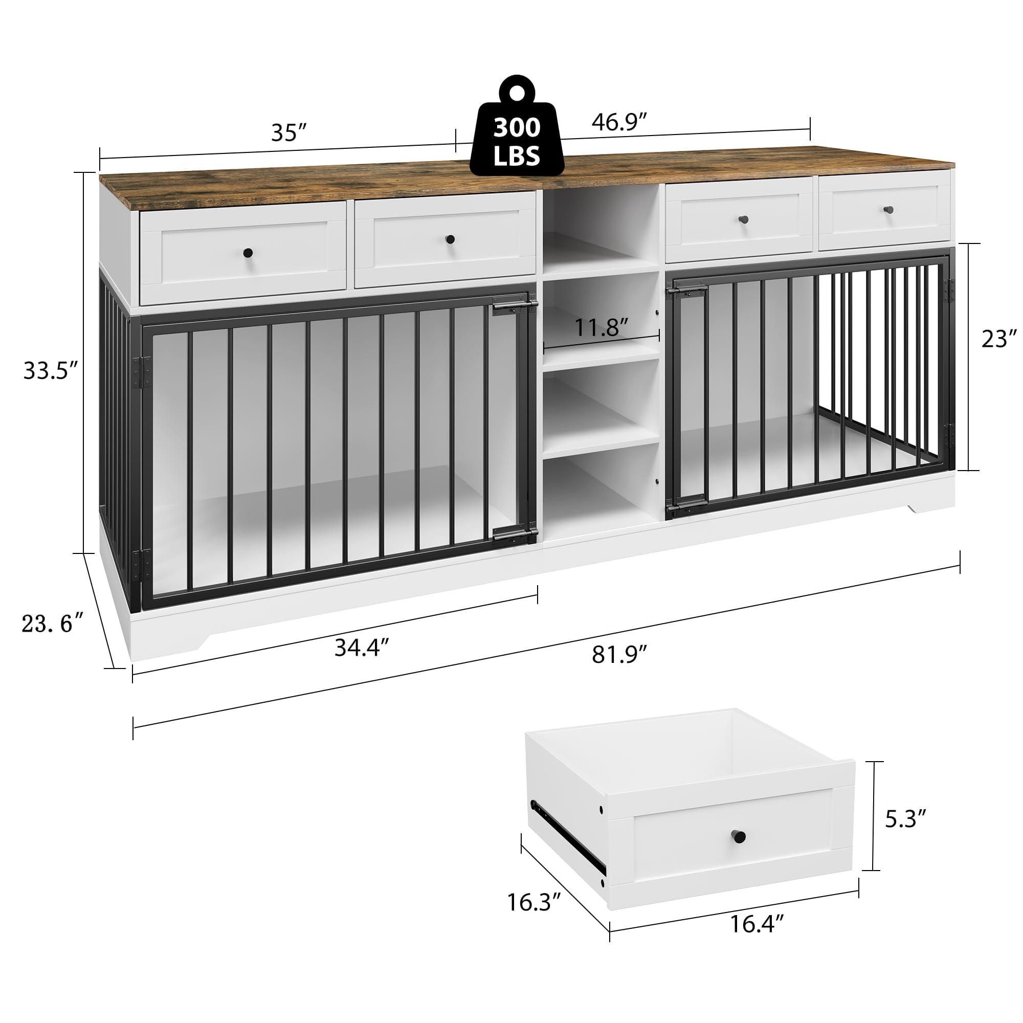 Yeshouse Large 82” Dog Crate for 2, Dog Kennel Furniture with Storage Drawers & Shelves, TV Console for Living Room