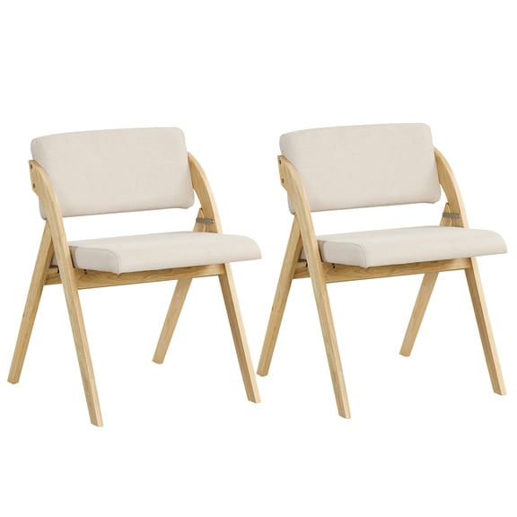 Gymax Set of 2 Dining Chairs Folding Kitchen Chair w/ Rubber Wood Legs Padded Seat Natural & Beige