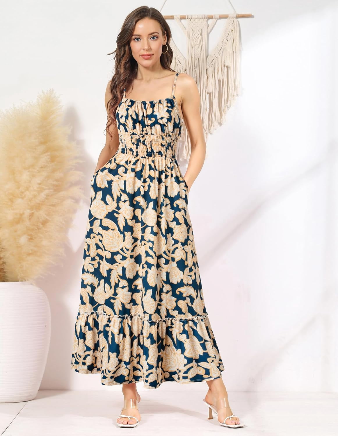empire waist dress plus size L I V D Raffi Pocket Maxi Wedding Guest Attire Inspiration Style:E era touch 70s bishop sleeve