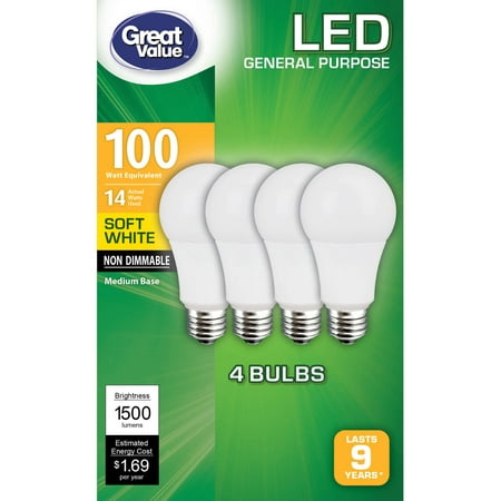 Great Value General Purpose LED Light Bulbs, 14W (100W Equivalent), Soft White, Non Dimmable, 4