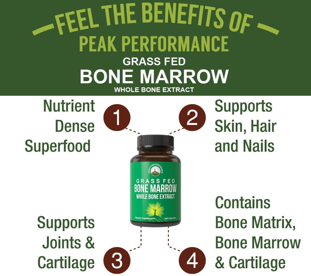 Peak Performance Grass Fed Bone Marrow - Whole Bone Extract Supplement 180 Capsules Superfood Pills Rich in Collagen, Vitamins, and Amino Acids. from Bone Matrix, Marrow, Cartilage. Ancestral Tablets