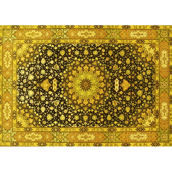 Ahgly Company Machine Washable Indoor Rectangle Medallion Yellow Traditional Area Rugs, 8' x 10'