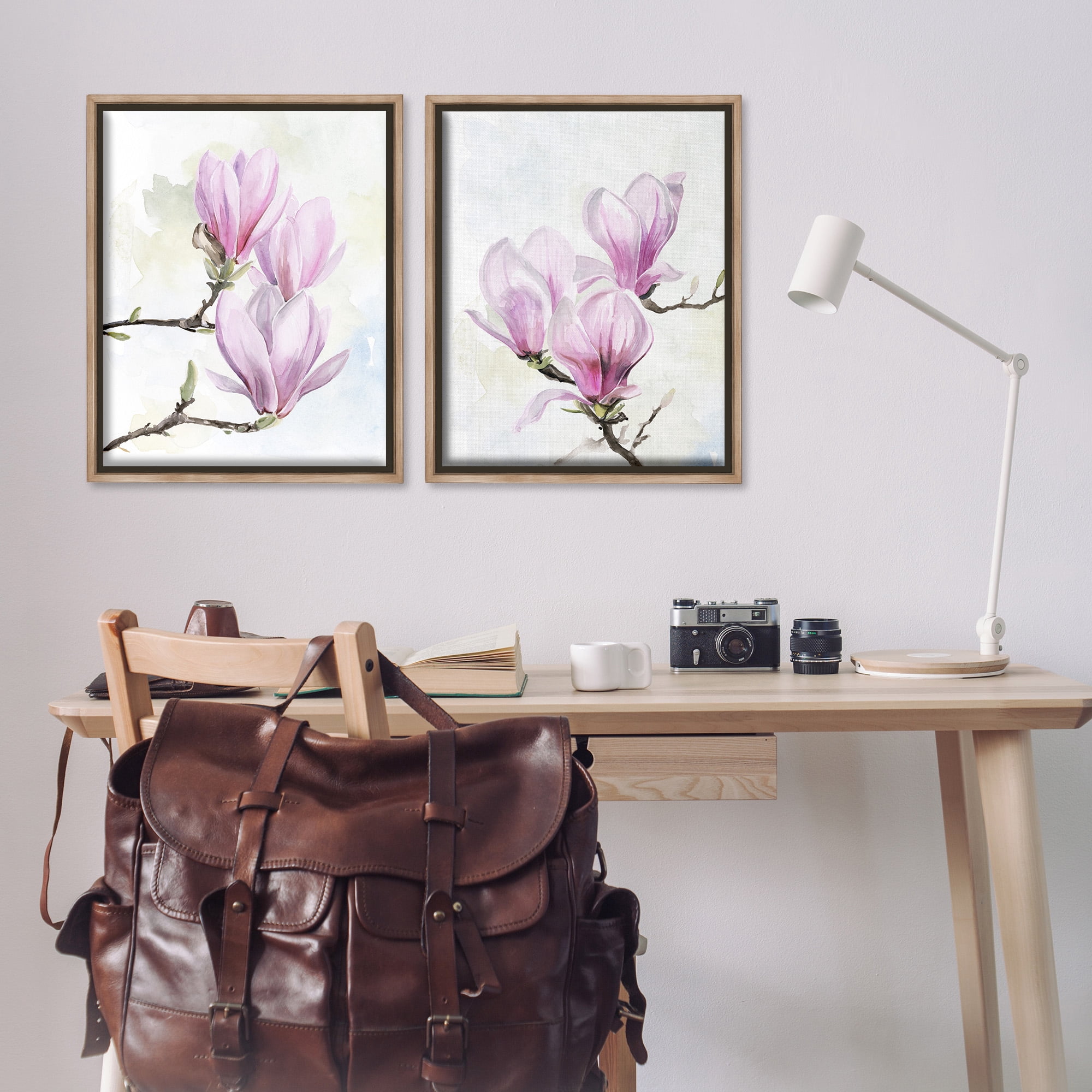 Stupell Industries Pink Magnolia Flower Blossoms Botanical & Floral Painting Brown Floater Framed Canvas Art Print Wall Art, 25 x 31, Set of 2