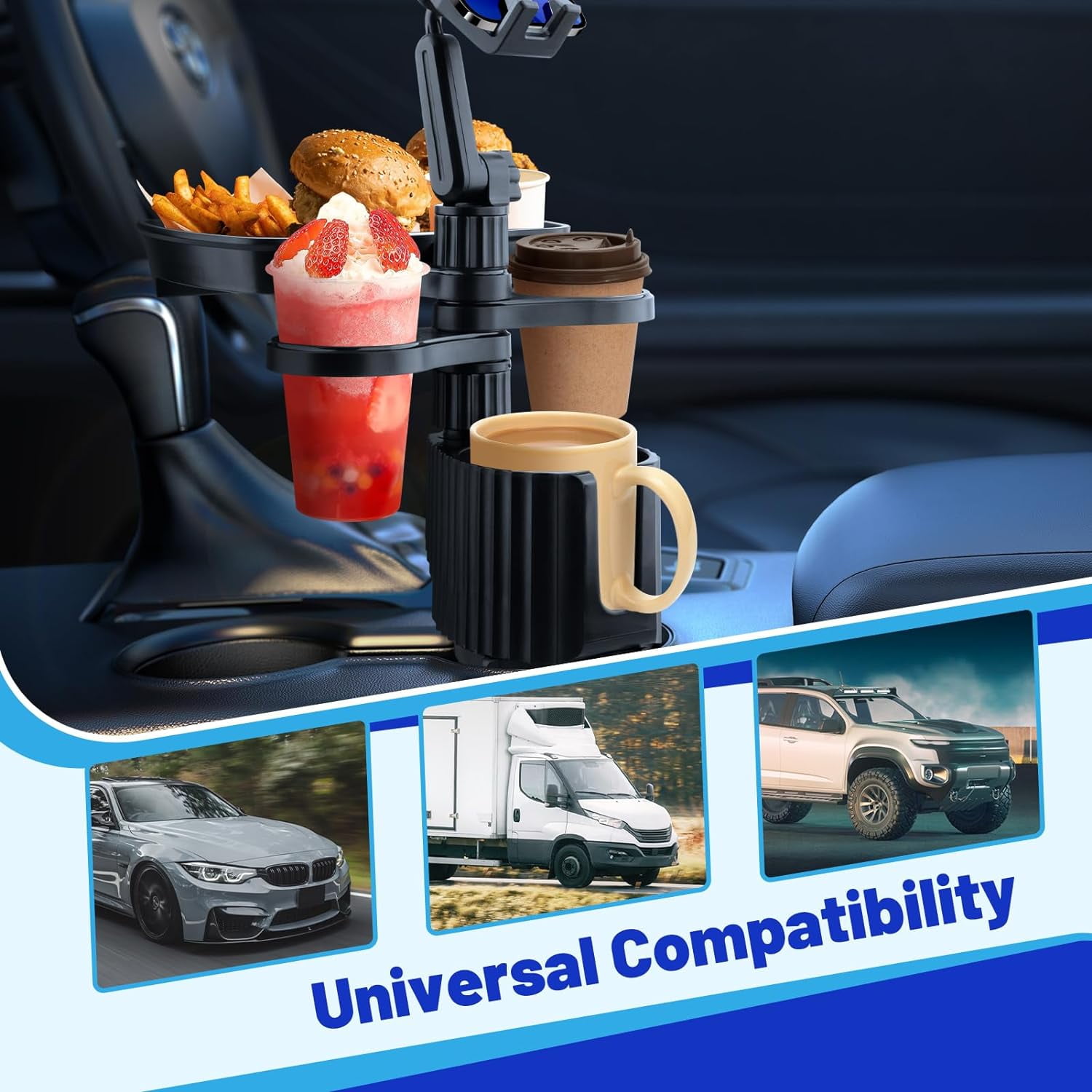 Soapow  5 in 1 Car Cup Holder Tray Table with Cell Phone Slot and Coffee Stand Food Tray, Universal Swivel Car Expander Desk, Detachable 360° Rotating Extender Car Organizer