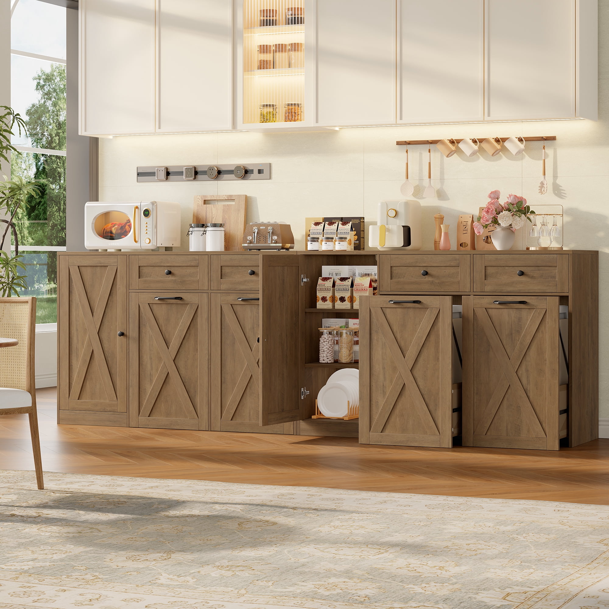 Homfa 47.2"W Kitchen Sideboard Credenza, Trash Can Cabinets Fits 12.5 Gallon Can, 2 Drawer Wood Buffet Storage Cabinet with Adjustable Shelf, Rustic Brown