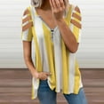 thumbnail image 2 of Yellow And White Vertical Stripes Womens Summer V Neck Zipper Top Short Sleeve T Shirt Off Shoulder Top Casual Classy Loose Shirts, 2 of 7