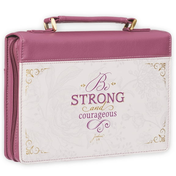 Christian Art Gifts Plum Pink Fashion Bible Cover for Women: Be Strong & Courageous - Joshua 1:9 Inspirational Scripture, Vegan Leather Book Carry Case w/Sleeves, Zipper, Pocket & Pen Storage, Large