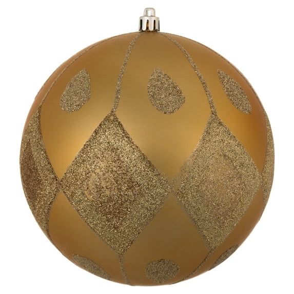 Vickerman 6" Gold Matte Ball with Glitter Diamond Pattern. Add variety and sparkle to your holiday arrangement with this matte ornament that features a glitter pattern. Includes 3 pieces per bag. Made