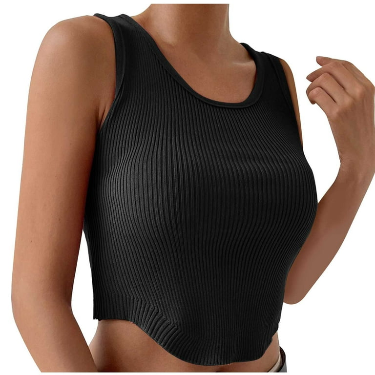 Cute Tank Tops for Women Summer Plain Round Neck Sleeveless T shirts  Blouses Soft Knitted Ribbed Going out Vest Cropped Tops Black l 