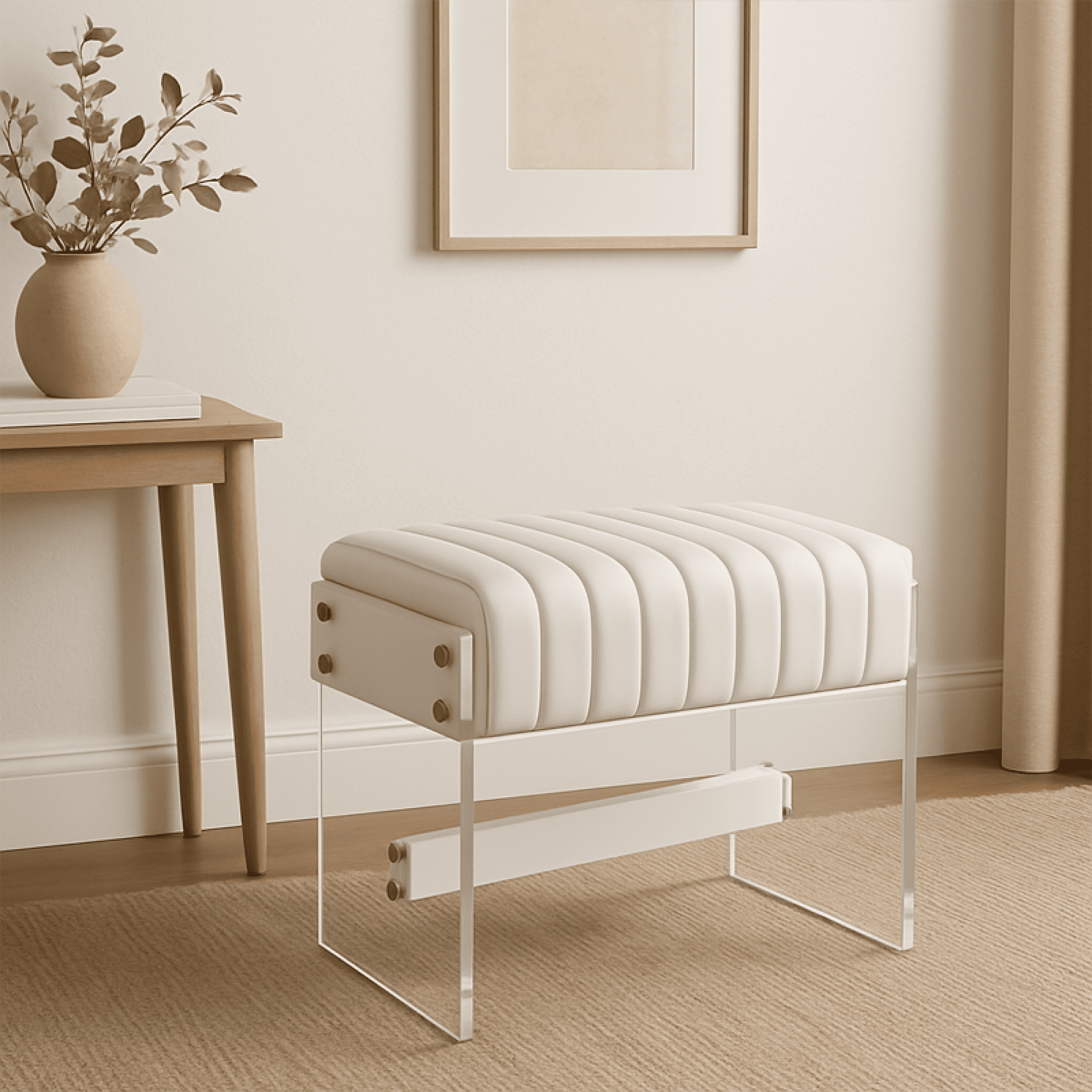 Leumius Modern Dressing Stool,White PU Leather with High-Density Sponge and Acrylic Legs for Bedroom/Entryway/Living Room