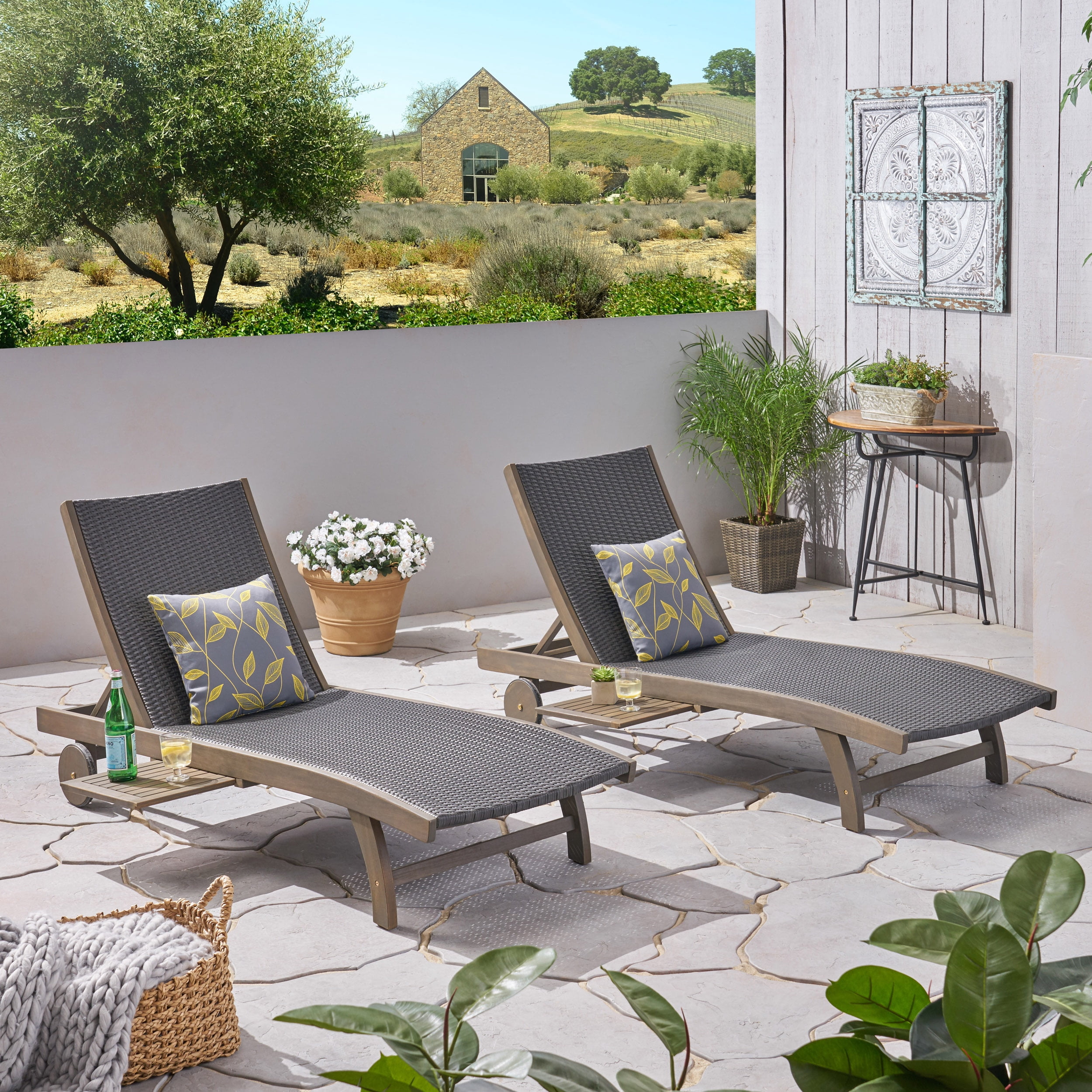 Outdoor Double Seat Chaise Lounge Set of 2 with Side Tray, Leisure Recliner Chairs for Patio Garden, Gray
