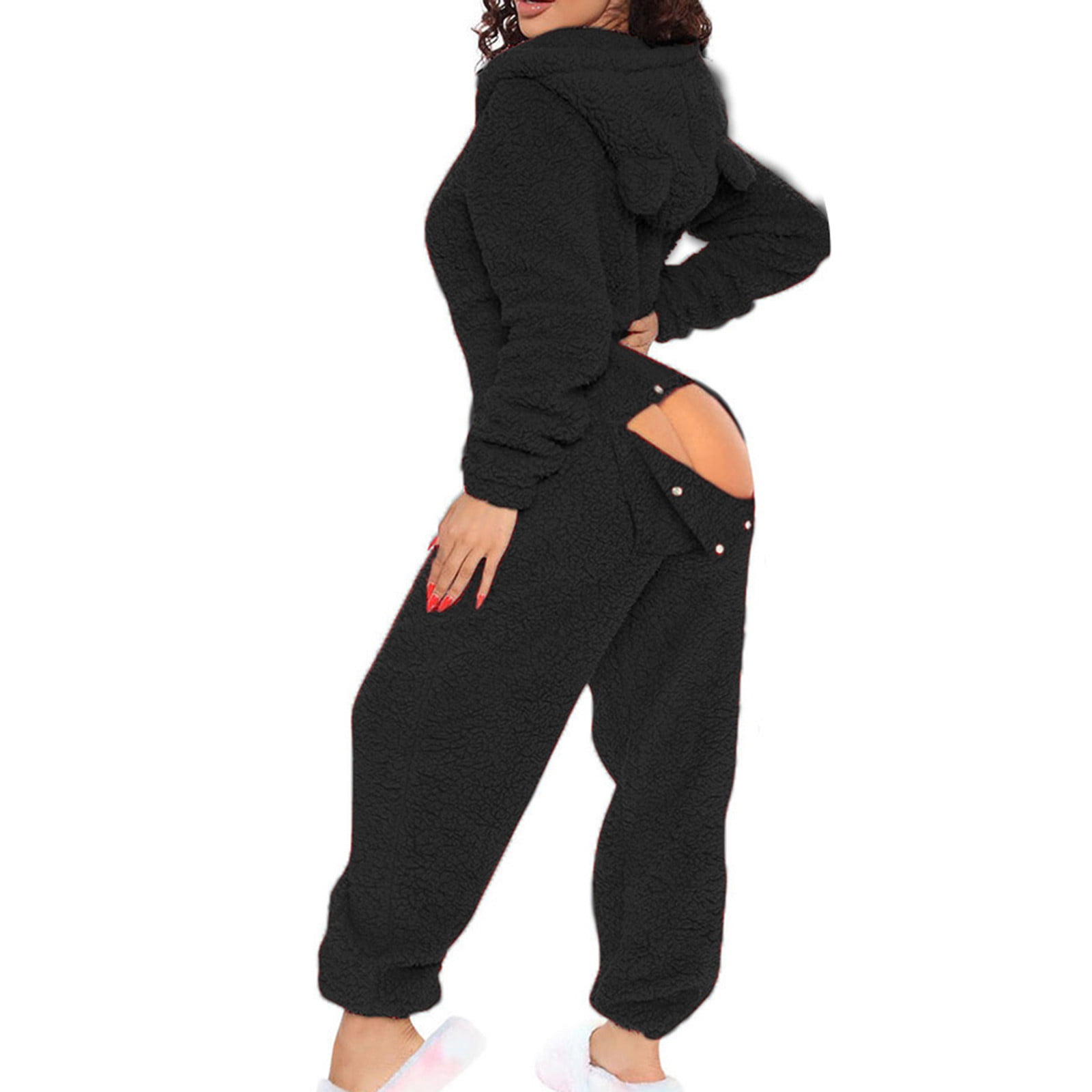 Women Zip-up Onesie Sherpa Lined Hoodie Plush Long Sleeve Pajama One Bodysuits Sleepwear Jumpsuit Butt Flap - Walmart.com