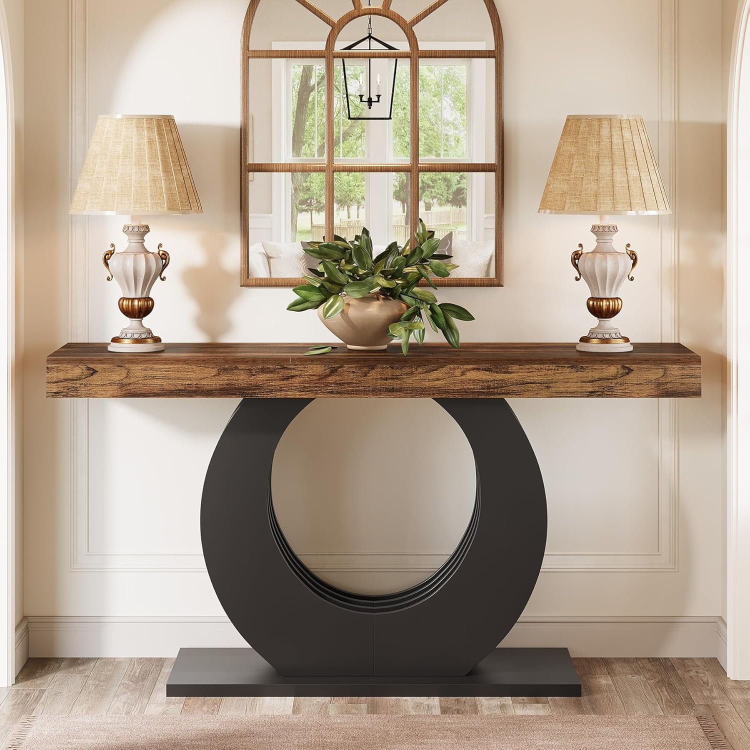 Tribesigns 63-Inch Sofa Table, Farmhouse Entryway Table, Narrow Long Couch Console Behind Sofa with Black Circle Metal Base for Living Room Hallway
