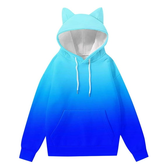 Htigea Womens Hoodies Cute Ears Hooded Sweatshirts Preppy Long Sleeve Pullover Casual Loose Fit Tops with Kangaroo Pocket Blue S