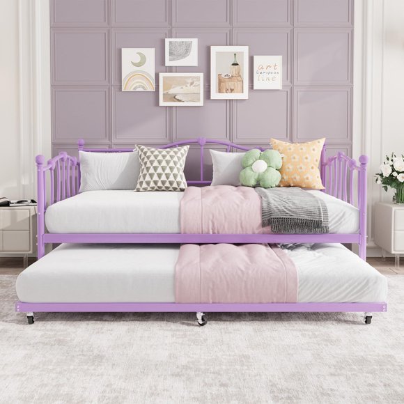 Twin Daybed with Trundle, Metal Sofa Bed Frame with Steel Slat Support, Space-Saving Daybed for Bedroom Living Room, Love Heart Design, No Box Spring Needed