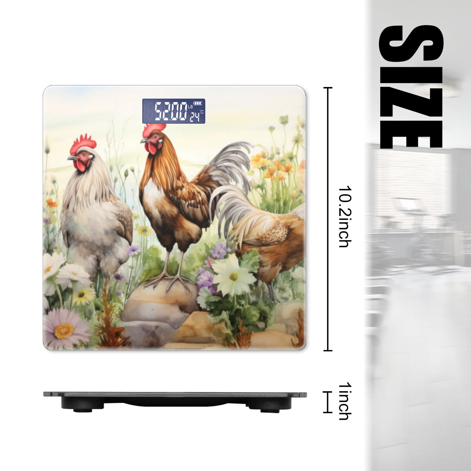 Bathroom Scale, Highly Accurate Digital Body Scale,Precisely Measures Weight up to 400 lbs-Chickens In The Garden Surrounded By Wildflowers And Grasslands