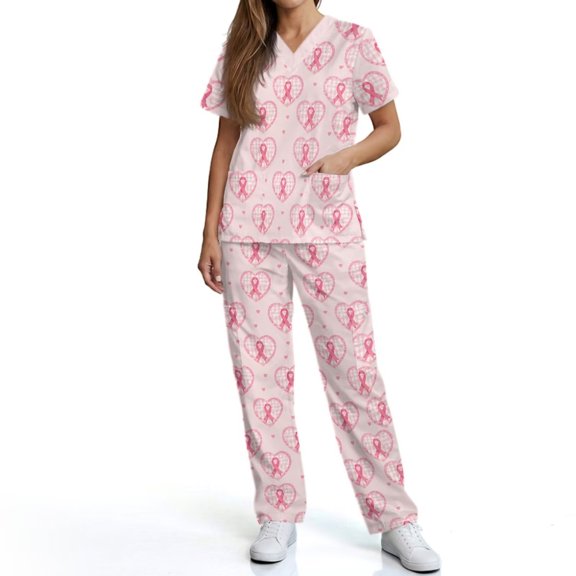 Kuiaobaty Pink Ribbon Print Scrubs Set for Women Heart Print Nurse Top and Straight Leg Pants Soft Medical Scrubs for Breast Cancer