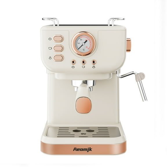 AEOMJK semi-automatic espresso machine, one-button operation, temperature display, with steam milk frother, 1.5L water tank, can make espresso, latte, cappuccino