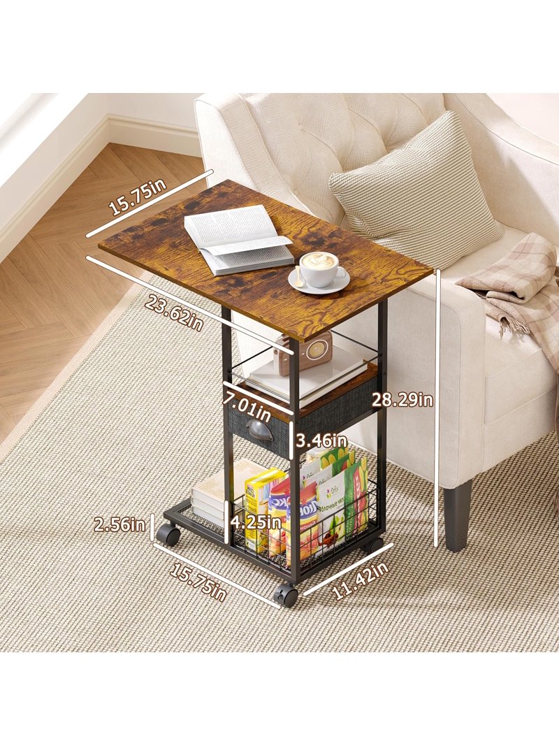 C Shaped Sofa Side Table: Couch End Table with Drawer - Bedside