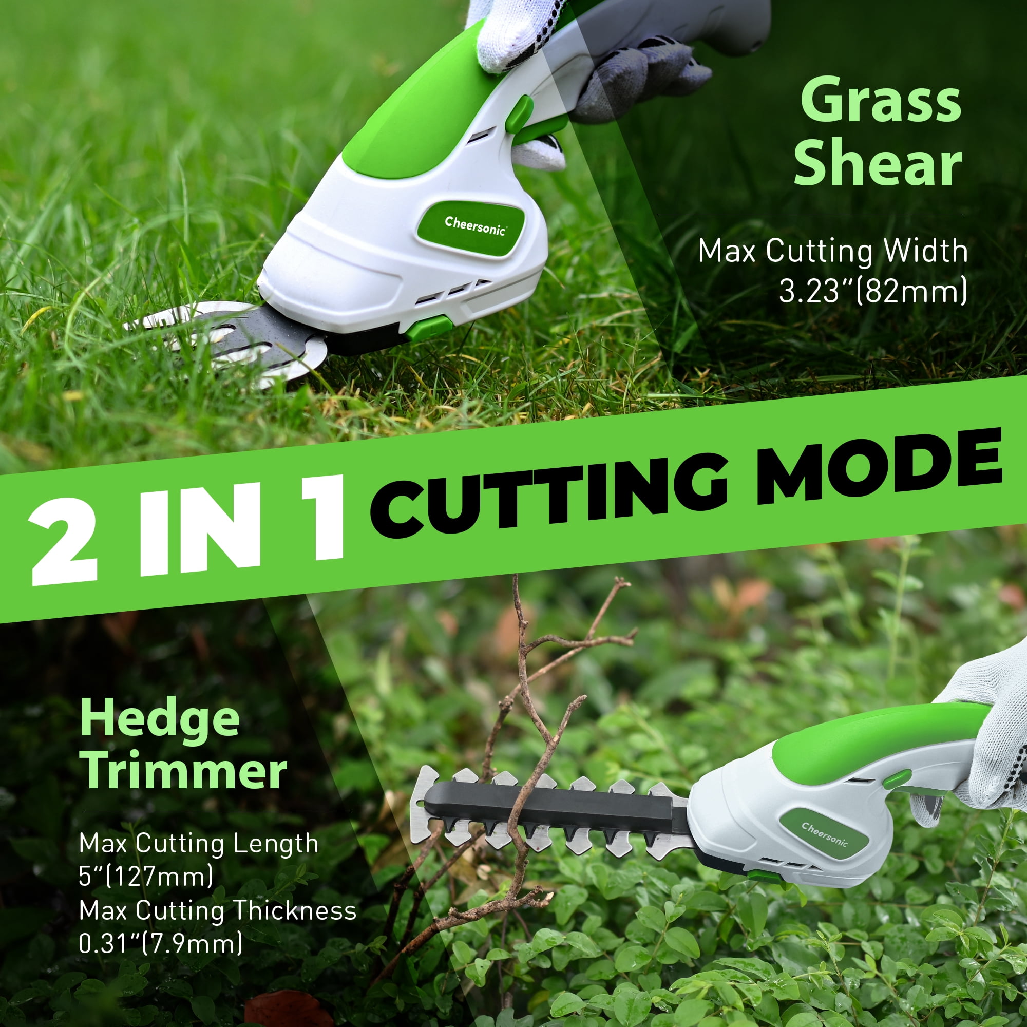 Cheersonic 7.2V Cordless 2-in-1 Grass Shear & Hedge Trimmer, Handheld Lightweight with 2000mAh Batteries & Type-C Cable for Small Bushes, Lawn Edging