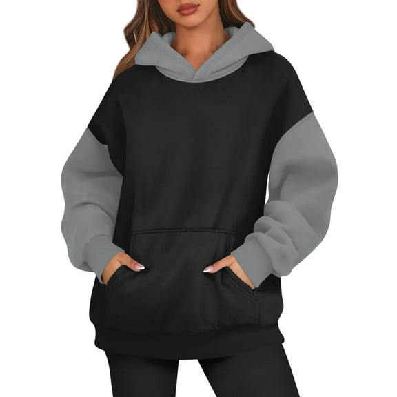 Women's Color Block Oversized Hoodie, Plus Size Pullover Sweatshirt with Pocket, Drop Shoulder Long Sleeve Casual Streetwear Top for Winter Outfits, Lounge Wear and Athletic Comfort Black L