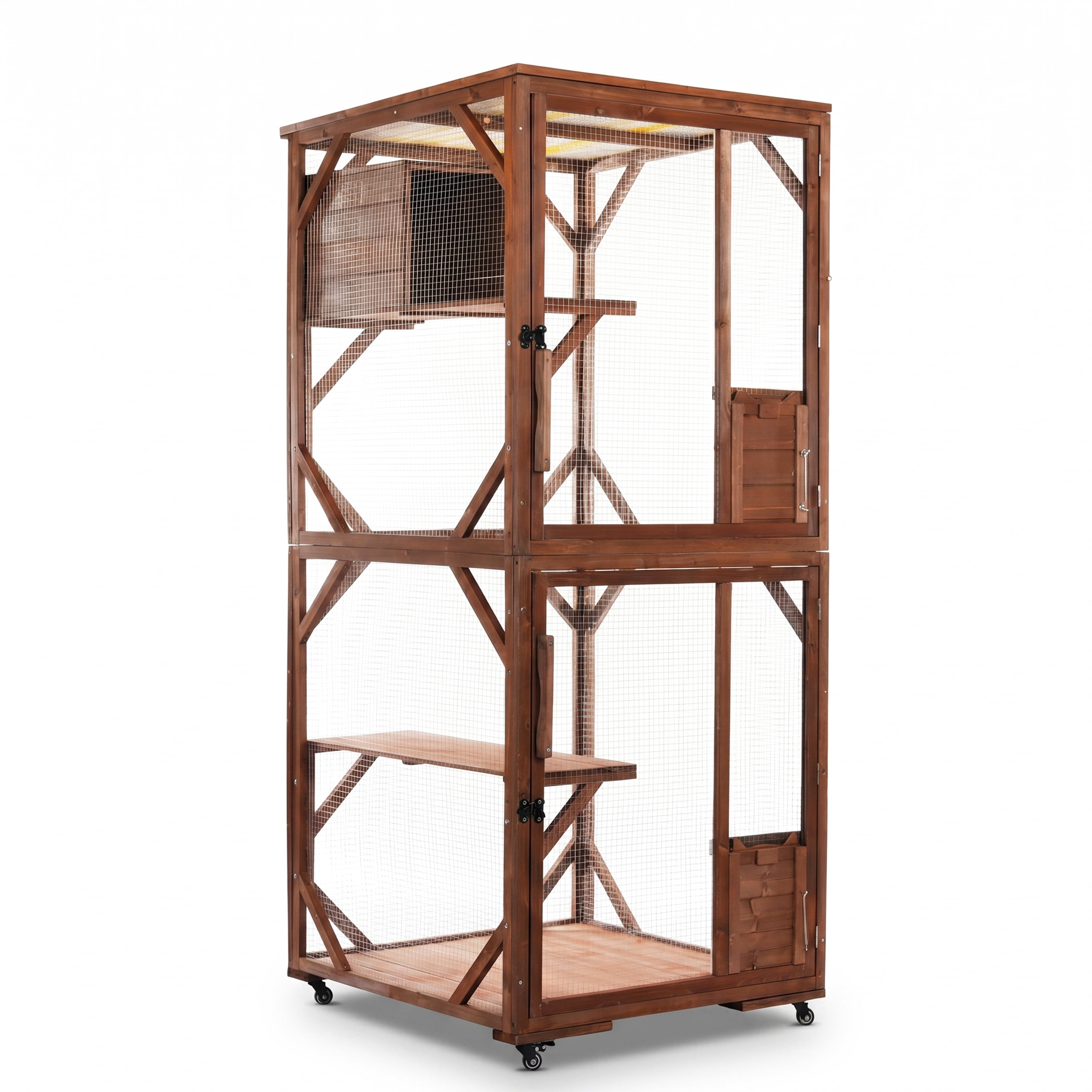 Cat Enclosure 2-Tier with Lockable Wheels and Wire Mesh, Outdoor Wooden Cat Cage and Playpen with Resting House for Backyard, Dark Brown