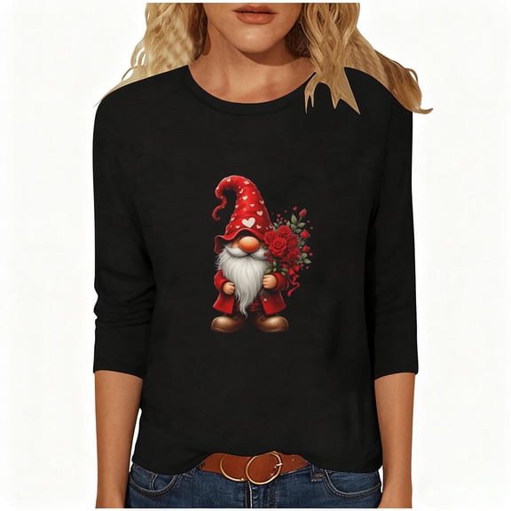 Yteetum Valentine's Day 3/4 Length Sleeve Womens Tops Oversized Crewneck Valentines Graphic Print Short Sleeve T Shirts Womens Casual Solid Round Neck Loose Three Quarter Sleeve Shirt Spring Clothes