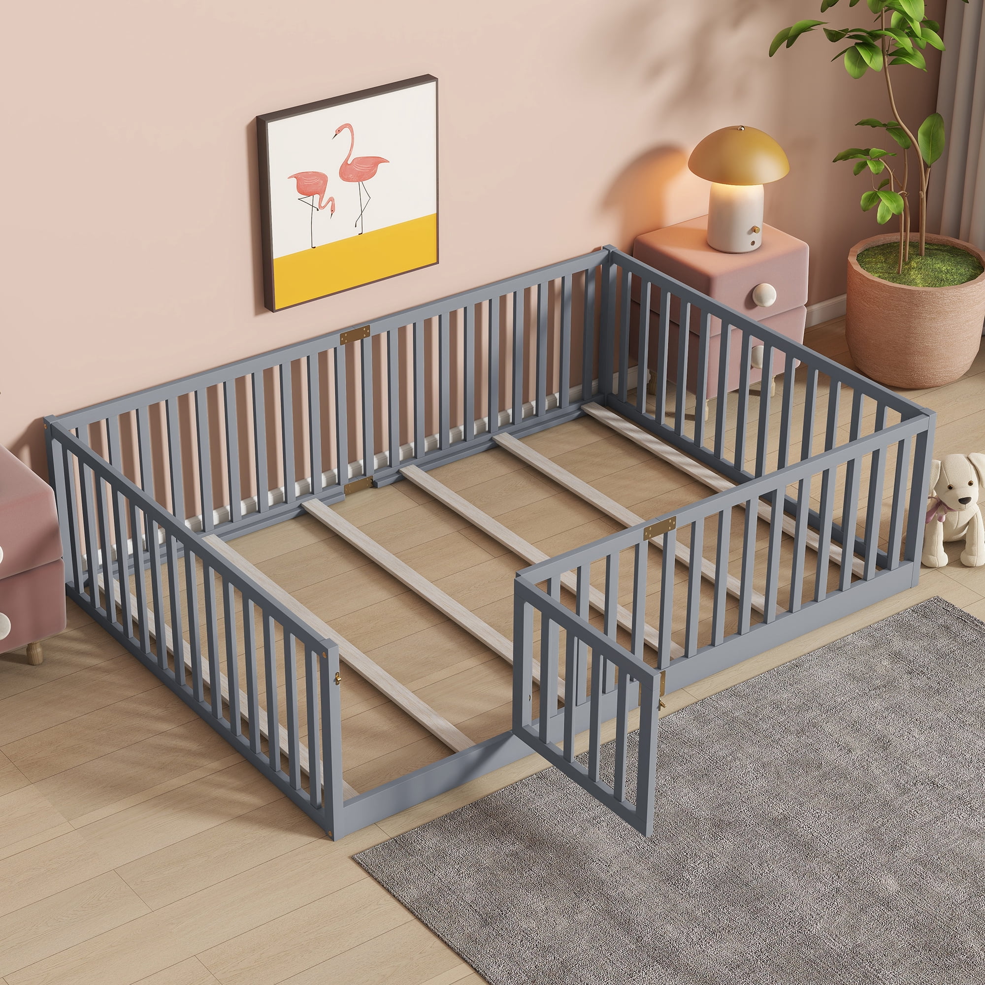 Holaki Wood Full Size Floor Bed with High Fence Railings for Kids, Gray