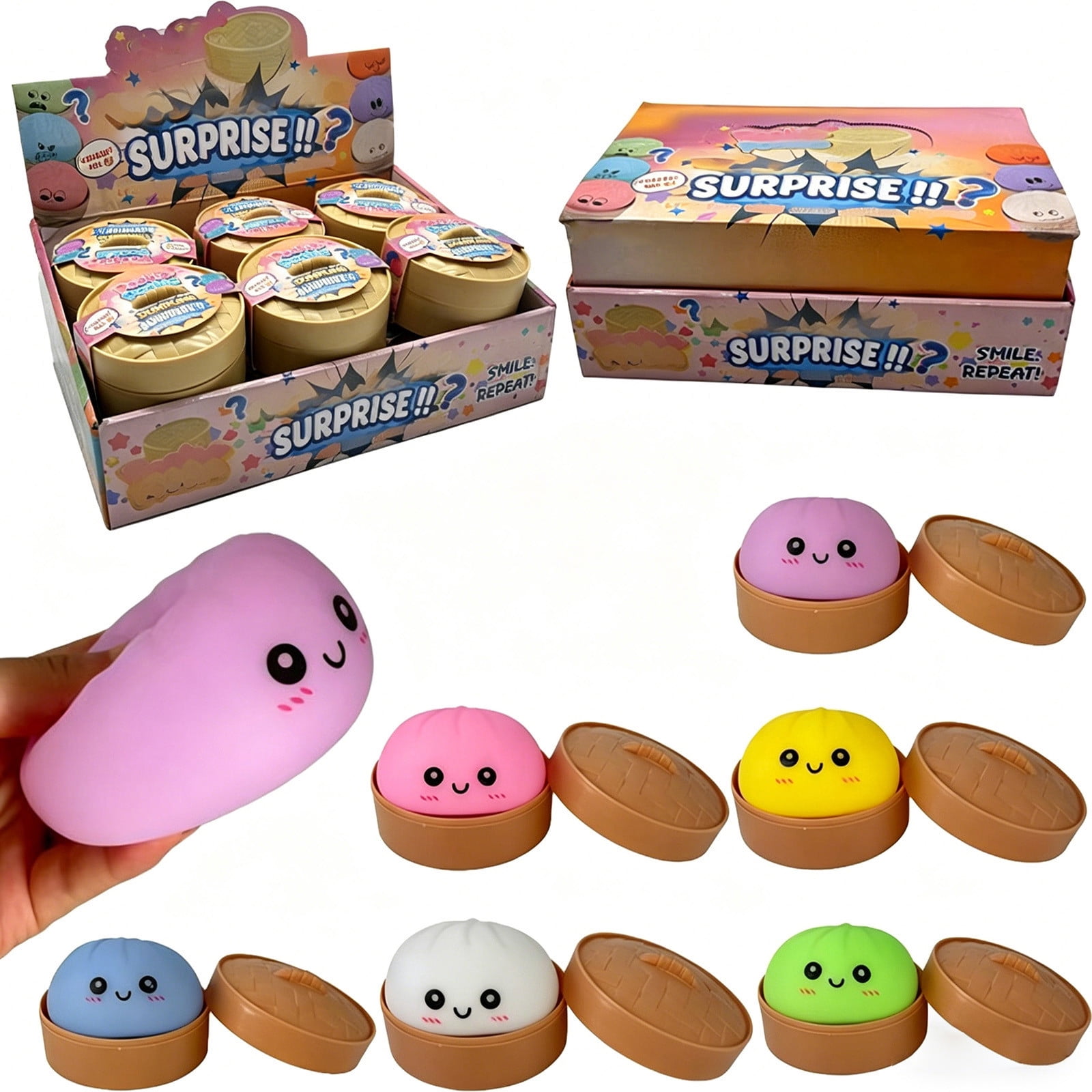12 Pcs Glowing Cute Dumpling Stress Ball Set, Mystery Decompression Makessound Bun with Steamed Box, Slow Rising Squeeze Ball for Anxiety Tension Relief, Fidget Sensory T-oy