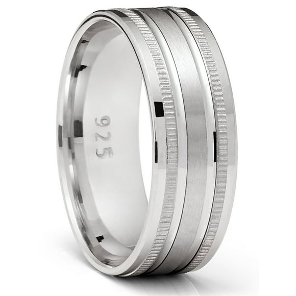 Mens Sterling Silver 925 Ring Grooved Milgrain Wedding Band Comfort-Fit 7MM