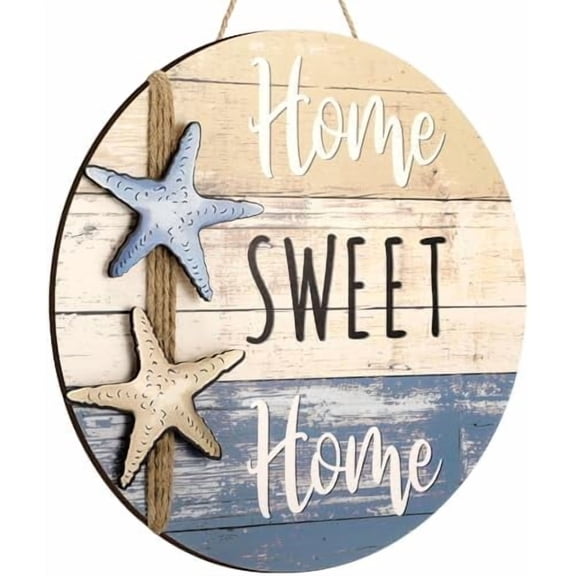 Beach Front Door Decor Home Sweet Home Wall Hanging Decor Summer Starfish Style 3D Round Wood Farmhouse Sign for Living Room Bedroom$$Home Decor, Kitchen, & Other