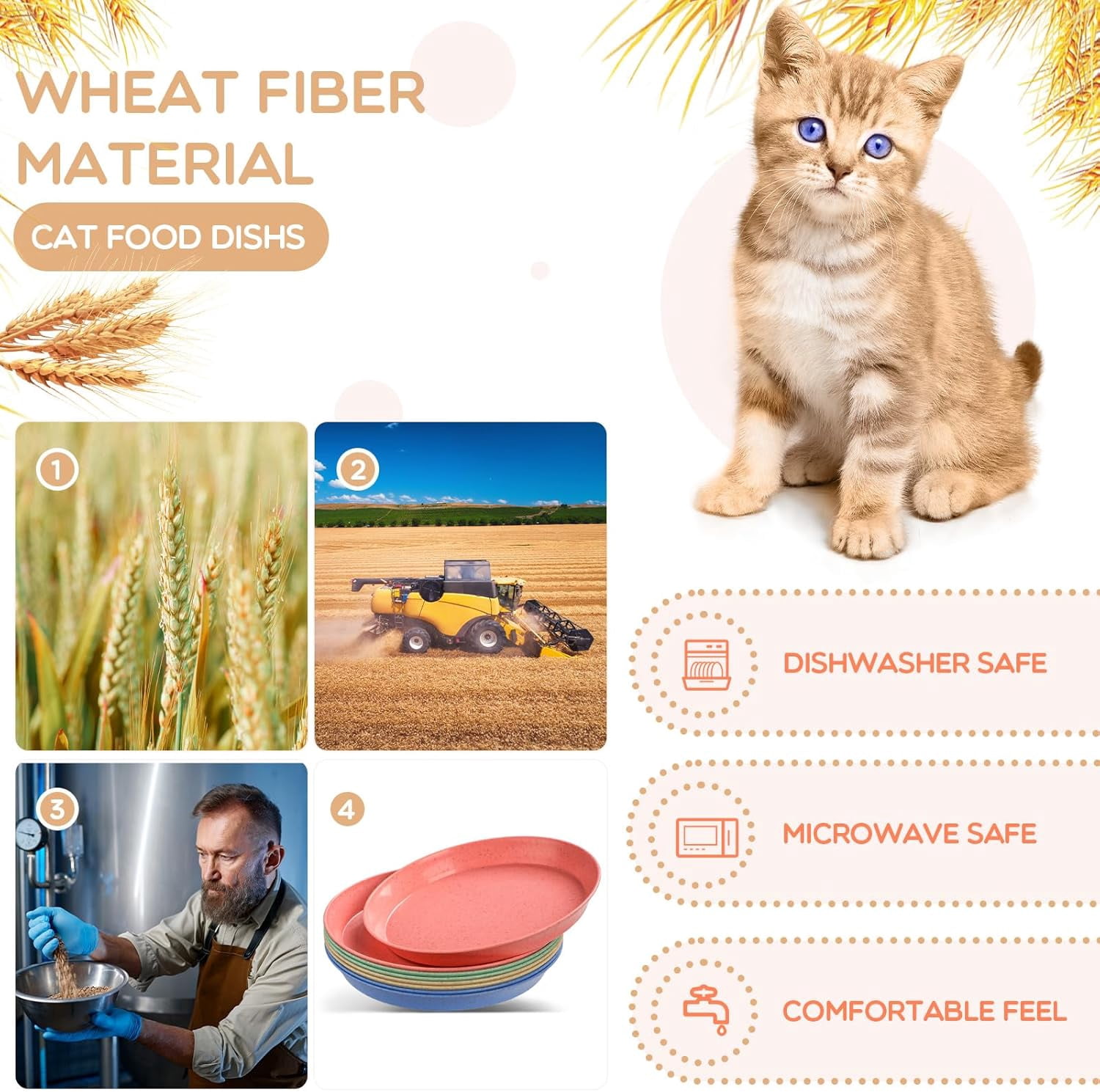 8 Pcs Whisker Fatigue Cat Bowls, 6 Inch Shallow Cat Food Dish Wide Cat Feeding Bowls, Wheat Straw Pet Plate for Kittens and Short Legged Cat