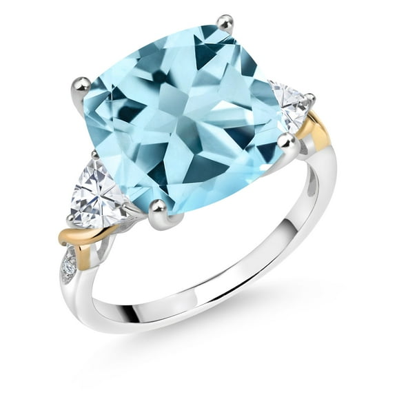Gem Stone King 925 Silver and 10K Yellow Sky Blue Topaz and White Moissanite and Diamond Ring for Women (9.80 Cttw, 12MM Cushion and 5mm Trillion) (Size 5)