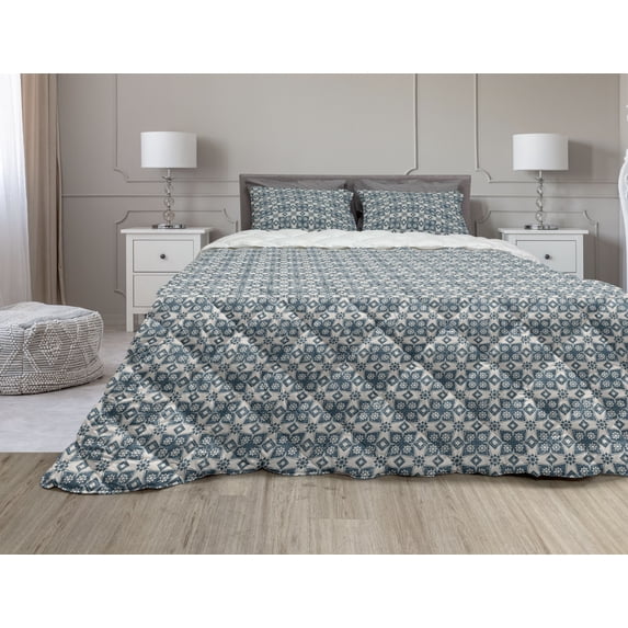 Vintage Comforter & Sham Bedding Set, Old Motifs with Star Shaped Flowers with Diamond Design on Crosse Geometry, 3 pcs Duvet Set Microfiber Filling Quilt, 5 Sizes, Dark Teal Eggshell, by Ambesonne