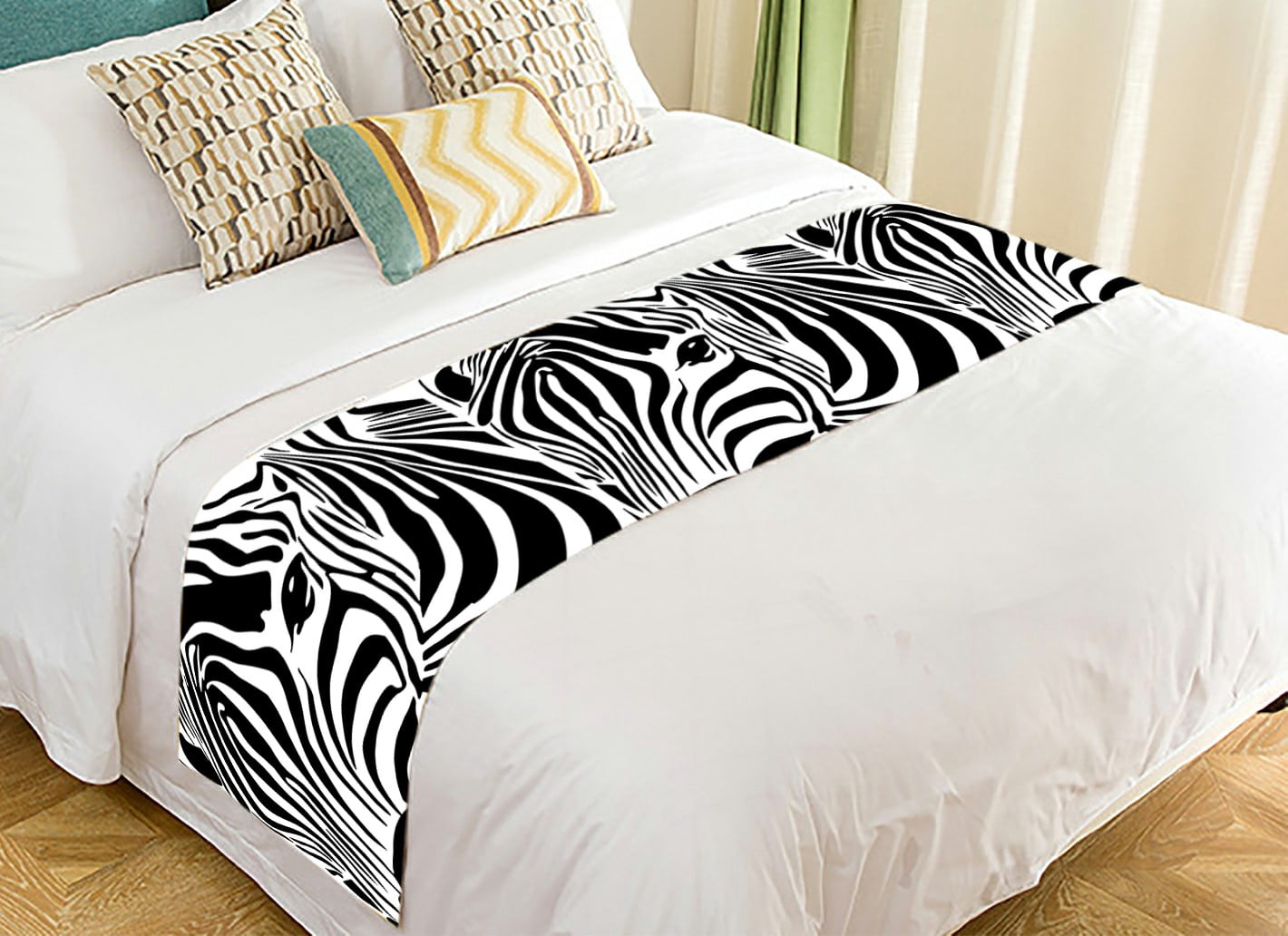 Black White Marble Gold Crack Bed Runner - 102x20" King Size Decorative Bedding Scarf