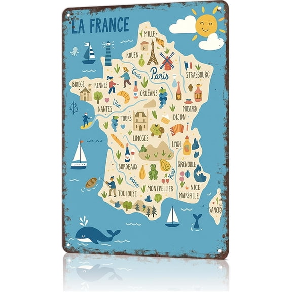 Vintage Metal Tin Sign French Map Wall Art Decor for Home Living Room Garage Bar 8 x 12 Inch